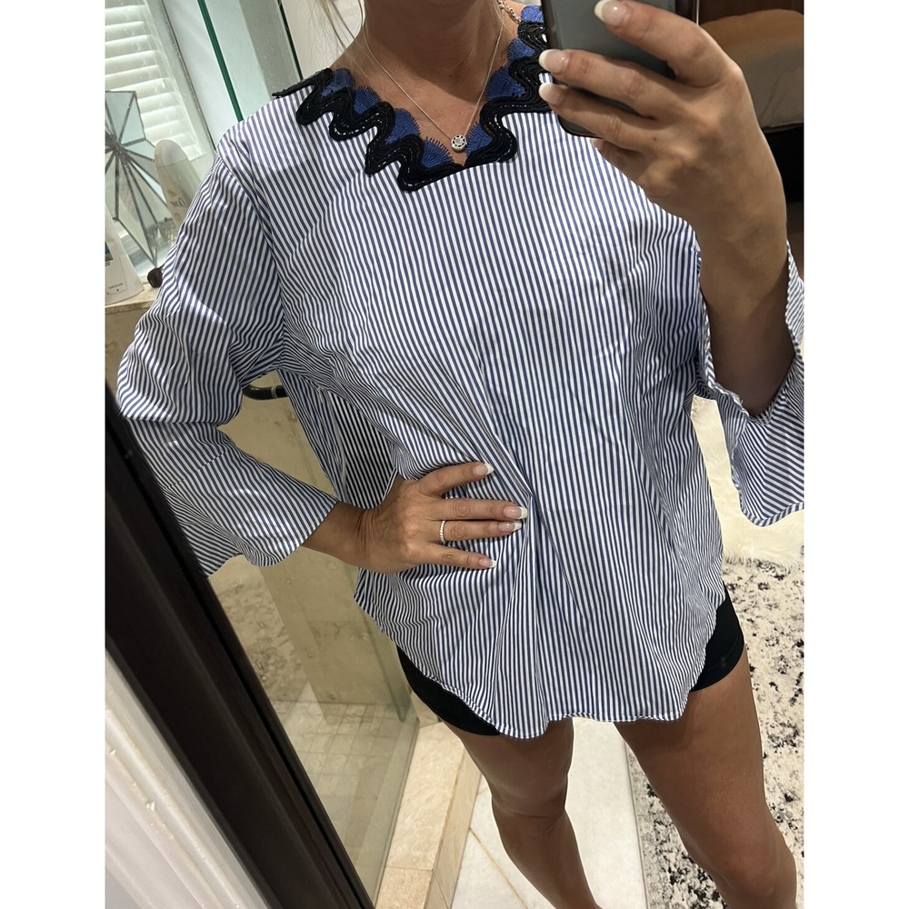 Talbots Striped Lace Neck Bell Sleeve Popover Blouse Blue White Size Large